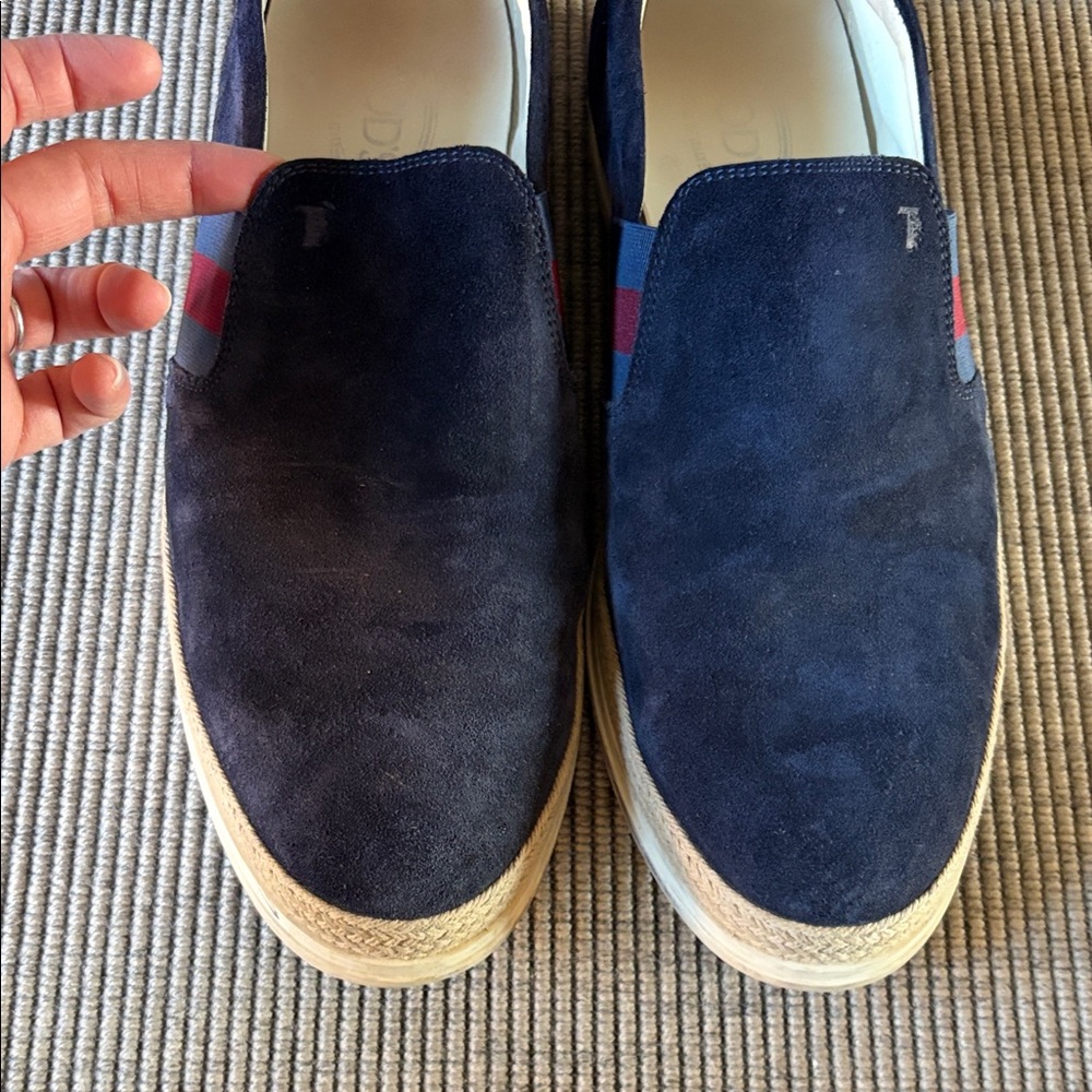 Tod's Navy Suede Slip-On Loafers with Red & Blue Webbing - Picture 2 of 9